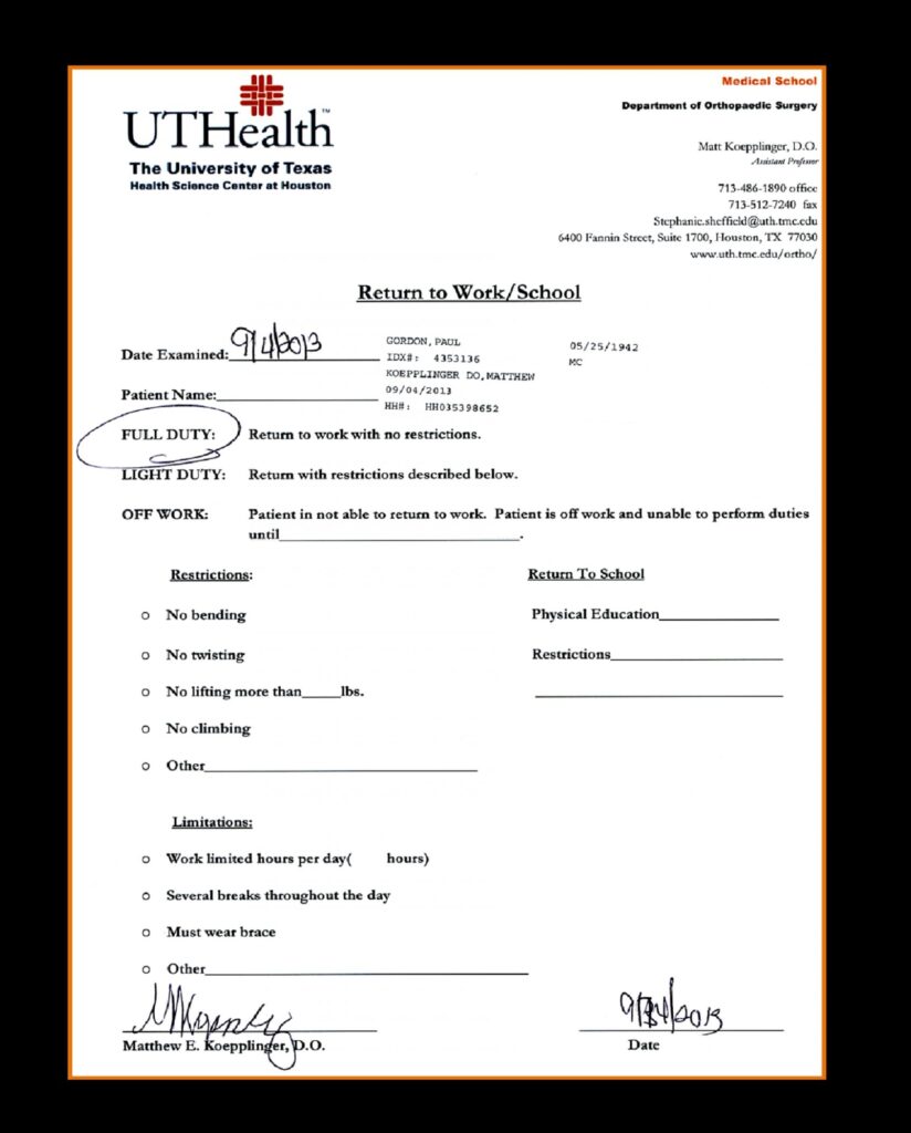 Work Printable Urgent Care Doctors Note Template