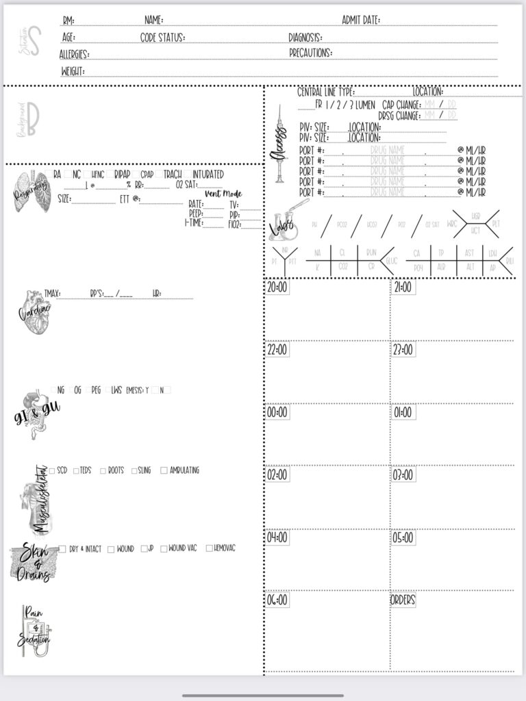 Printable Nursing Report Sheet Nurse Brain Sheet Single Etsy