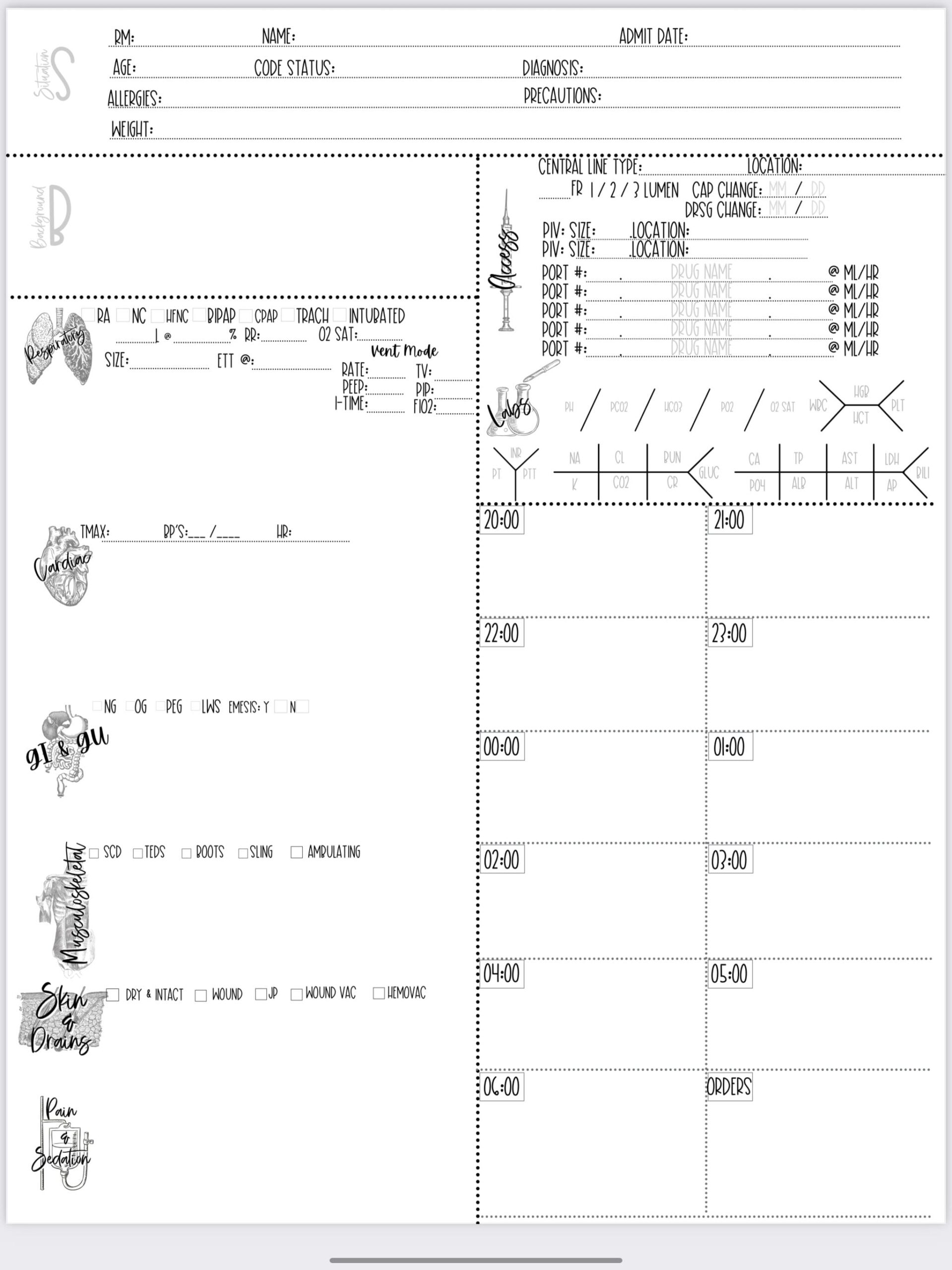 Printable Nursing Report Sheet Nurse Brain Sheet Single Etsy