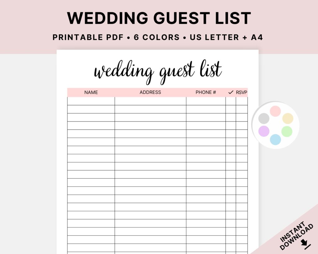 Wedding Guest List Template Printable