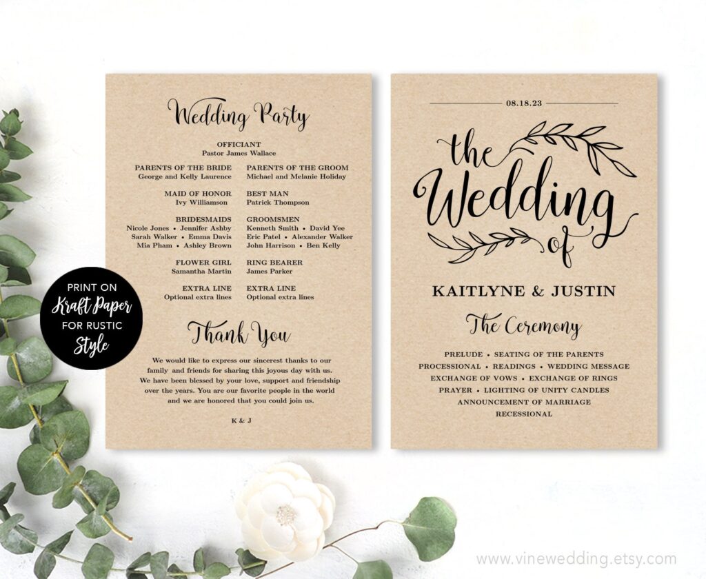 Printable Wedding Program Wedding Program Template Kraft Etsy de