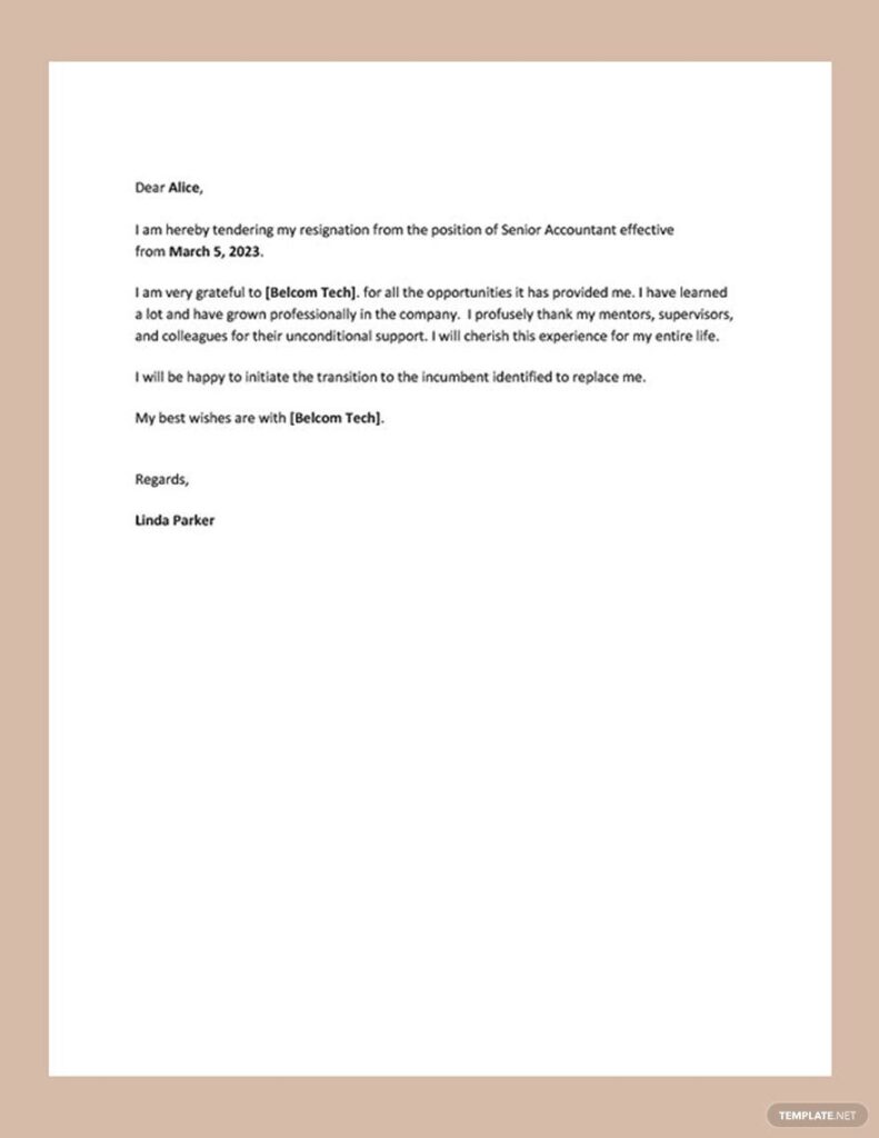 Printable Letter Of Resignation Template