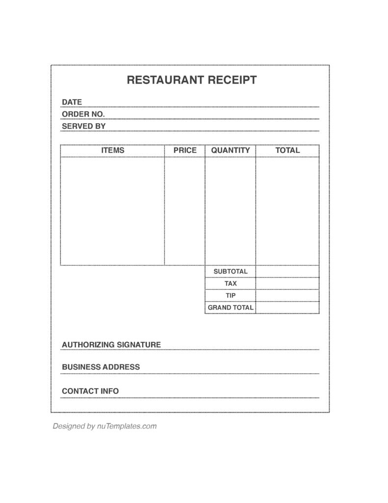 Printable Restaurant Receipt Template