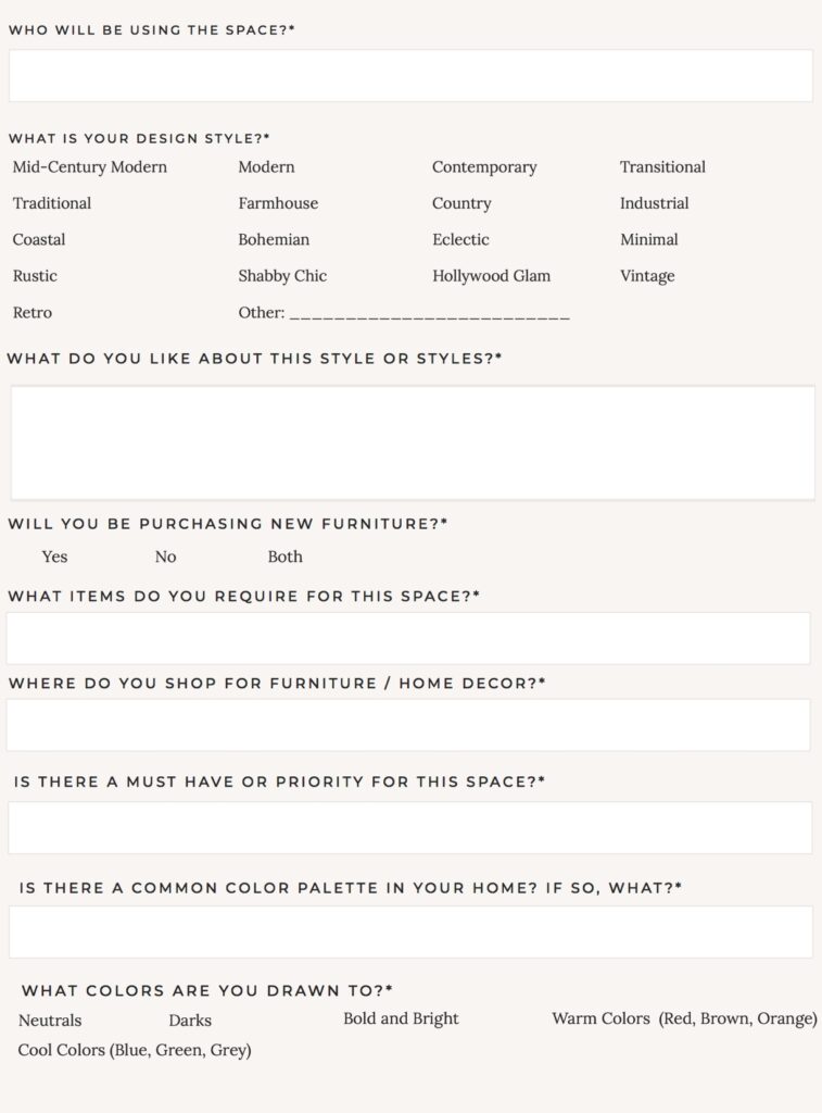 Printable Interior Design Client Questionnaire Templates