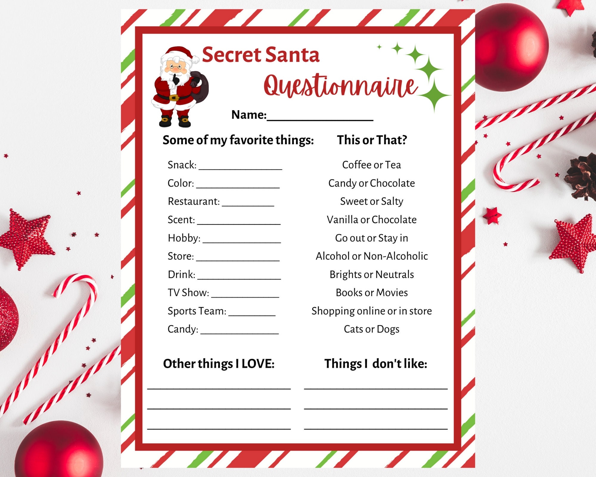 Secret Santa Questionnaire Printable Secret Santa Form Etsy