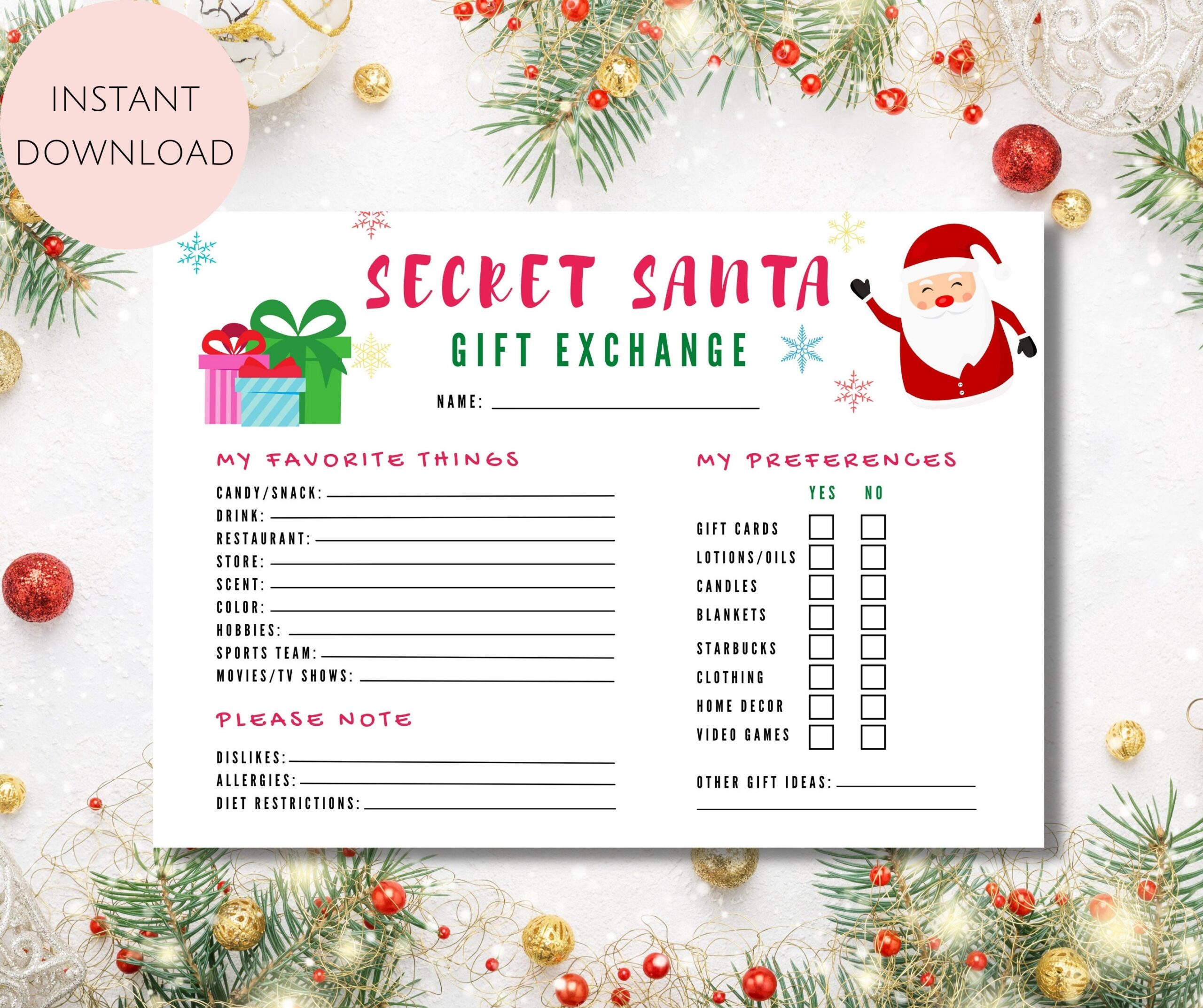 Secret Santa Questionnaire Printable Secret Santa Form Secret Etsy de