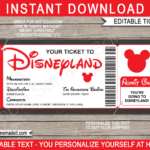 Surprise Trip To Disneyland Ticket Template Printable Disney Trip Reveal Gift