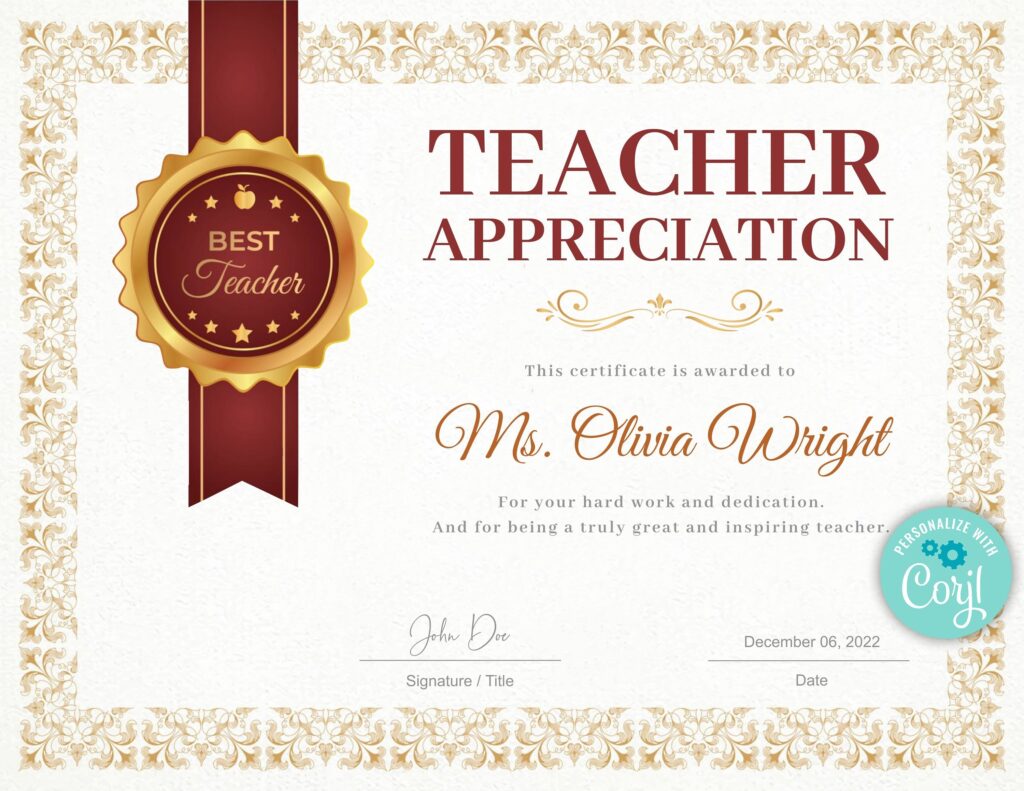 Teacher Appreciation Award Certificate Template Teacher Gift Etsy de