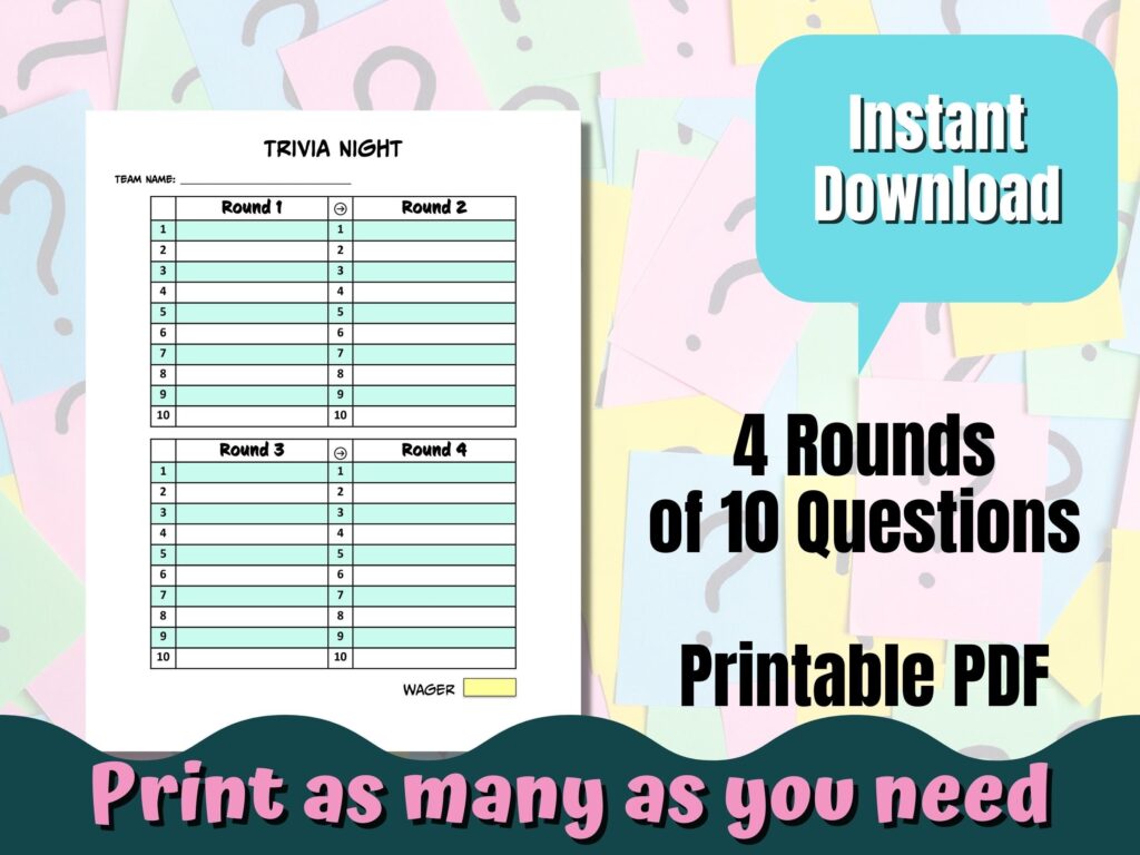 Trivia Night Answer Sheet Printable Trivia Sheet 4 Trivia Etsy