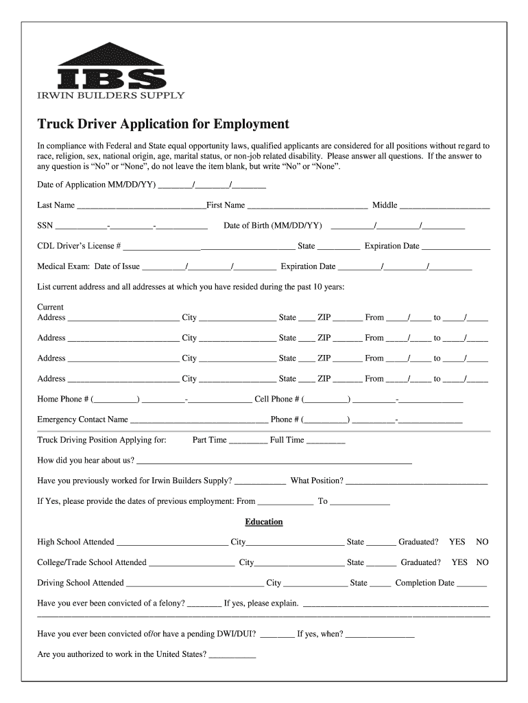 Printable Free Truck Driver Application Template