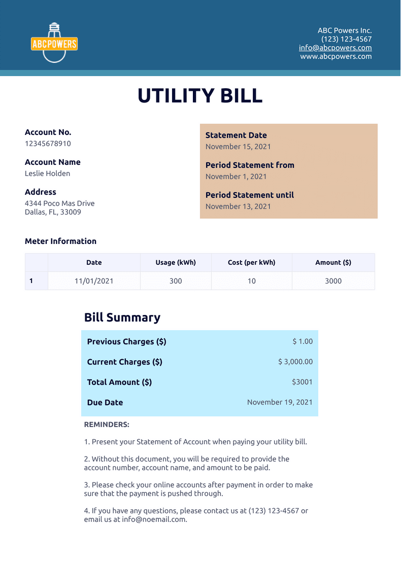 Printable Editable Blank Utility Bill Template Fillable Form 2024