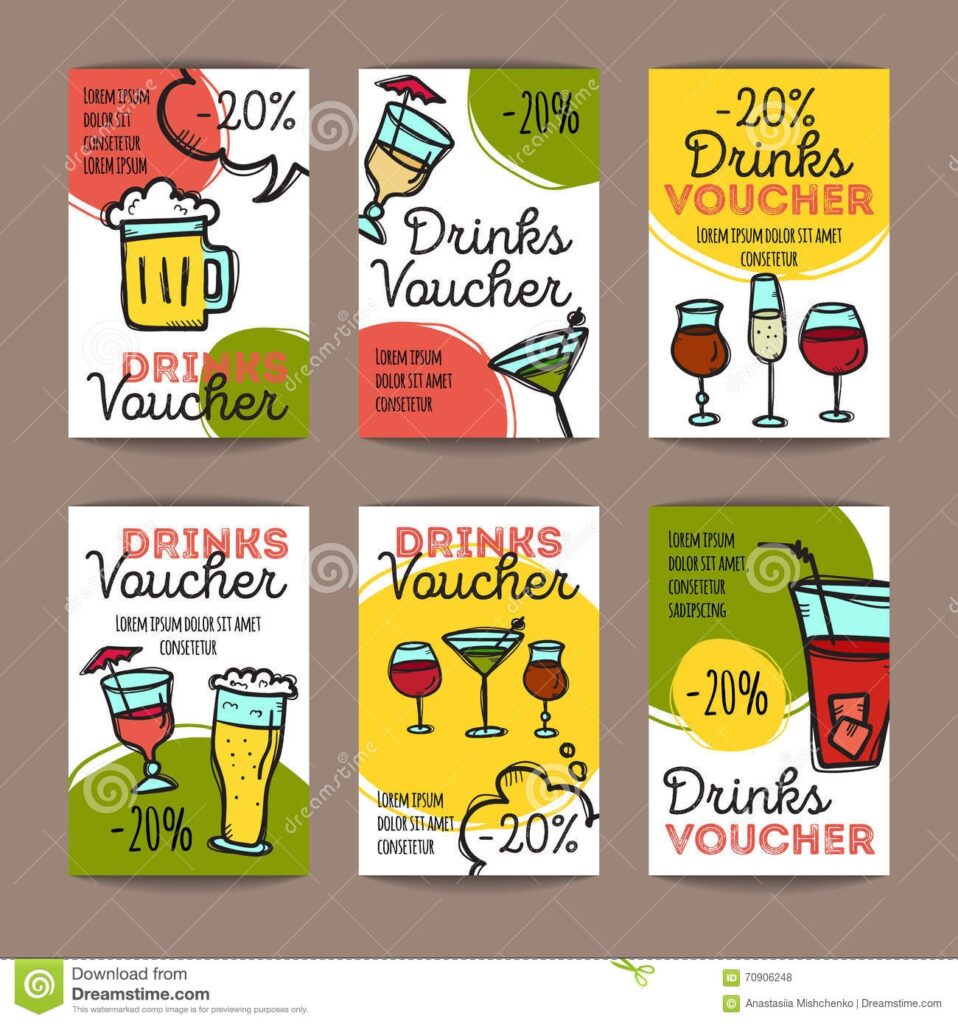 Vector Set Of Discount Coupons For Beverages Colorful Doodle Style Alcohol Drinks Voucher Templates Cocktail Bar Promo Stock Vector Illustration Of Design Promo 70906248