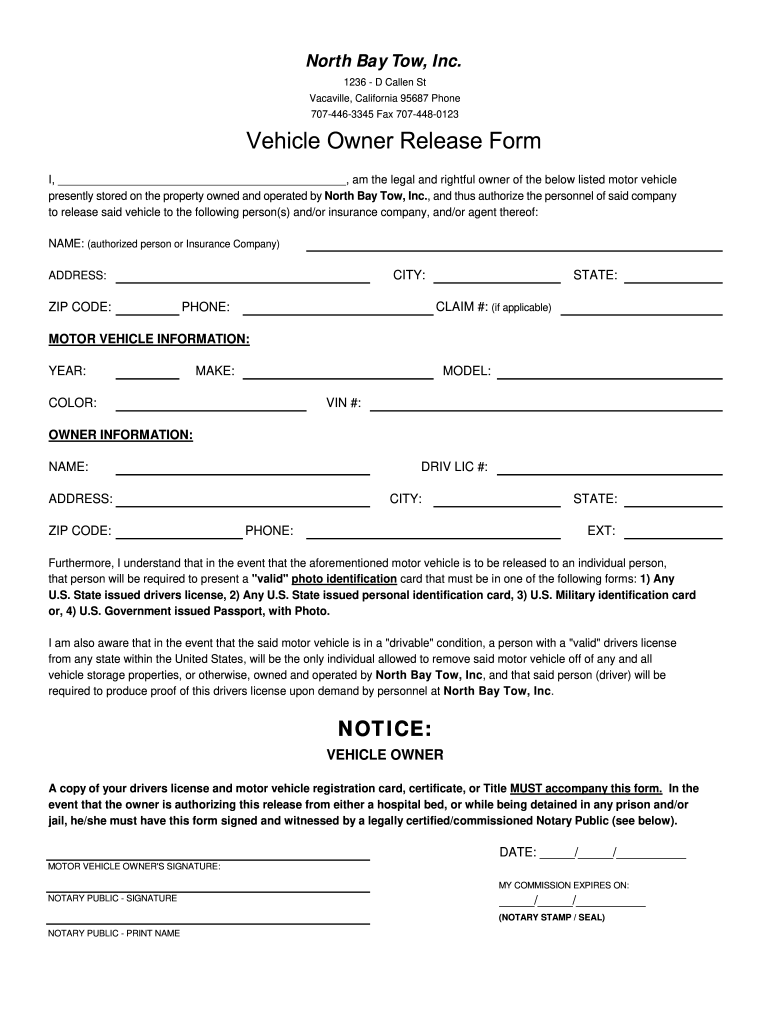 Vehicle Owner Release Form Fill Out Sign Online DocHub
