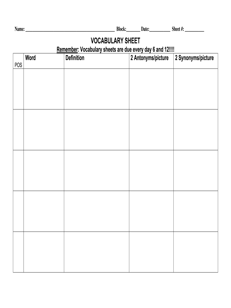 Vocabulary Sheet Fill Out Sign Online DocHub