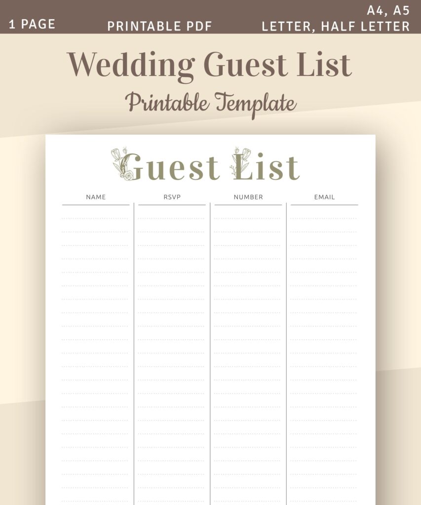 Wedding Guest List Printable Wedding Template Guest List Etsy de
