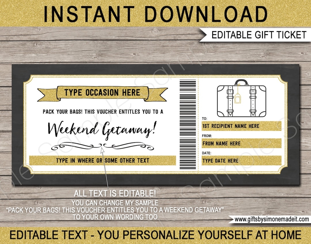 Weekend Away Voucher Template Gift Certificate Ticket Card Etsy de