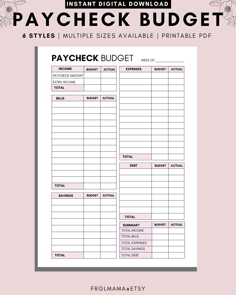 WEEKLY Budget Overview Template Printable Paycheck Budget Etsy de