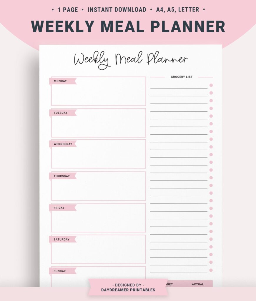 Weekly Meal Plan Printable Meal Planner Template Grocery Etsy