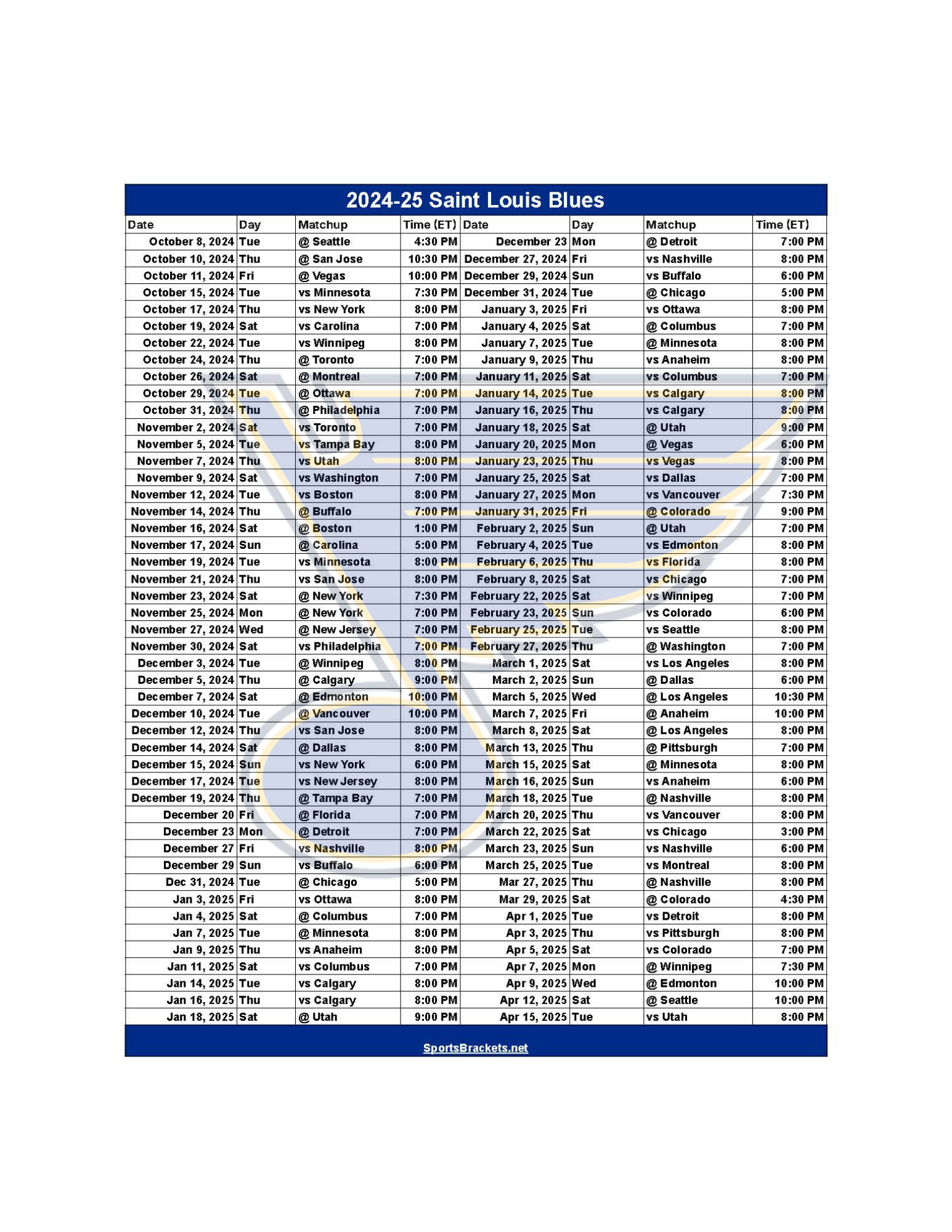 2024 25 St Louis Blues Schedule Printable PDF Format Sports Brackets