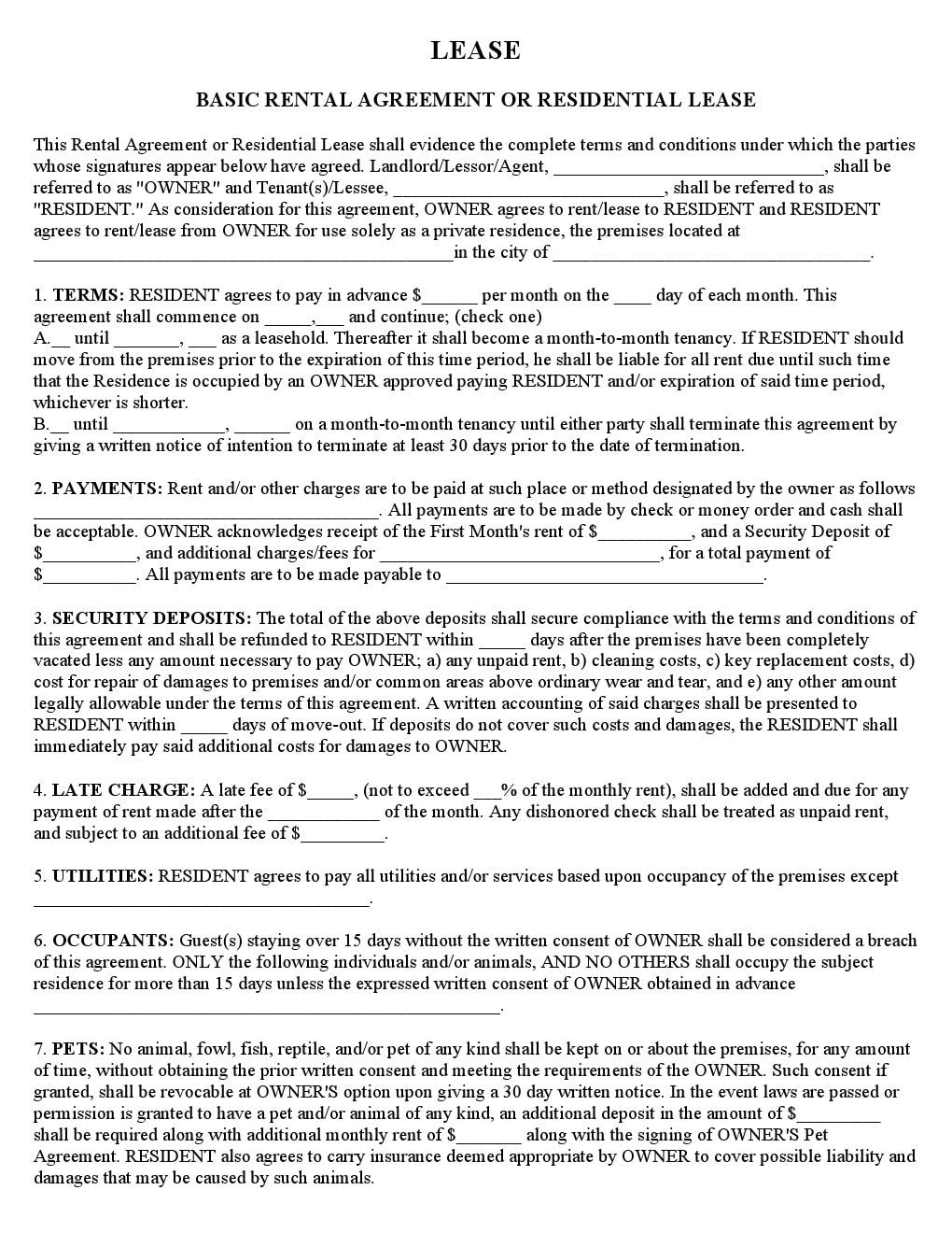 Free Printable Basic Rental Agreement