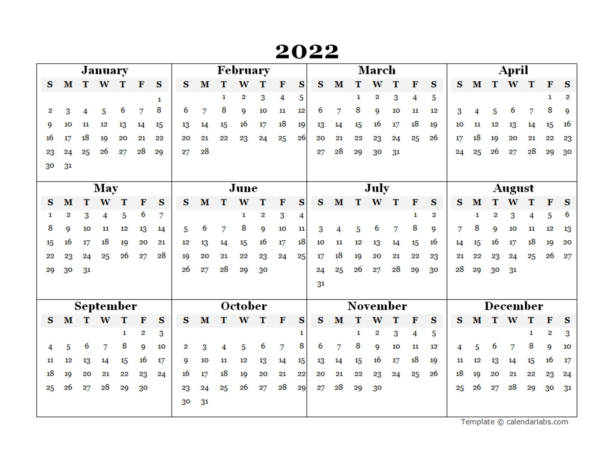 2022 Fillable Blank Yearly Calendar Template - Fillable Form 2023