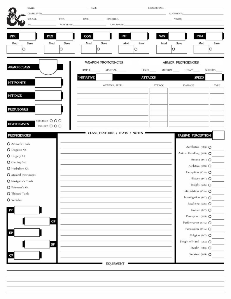 5th Edition Form Fillable Character Sheet