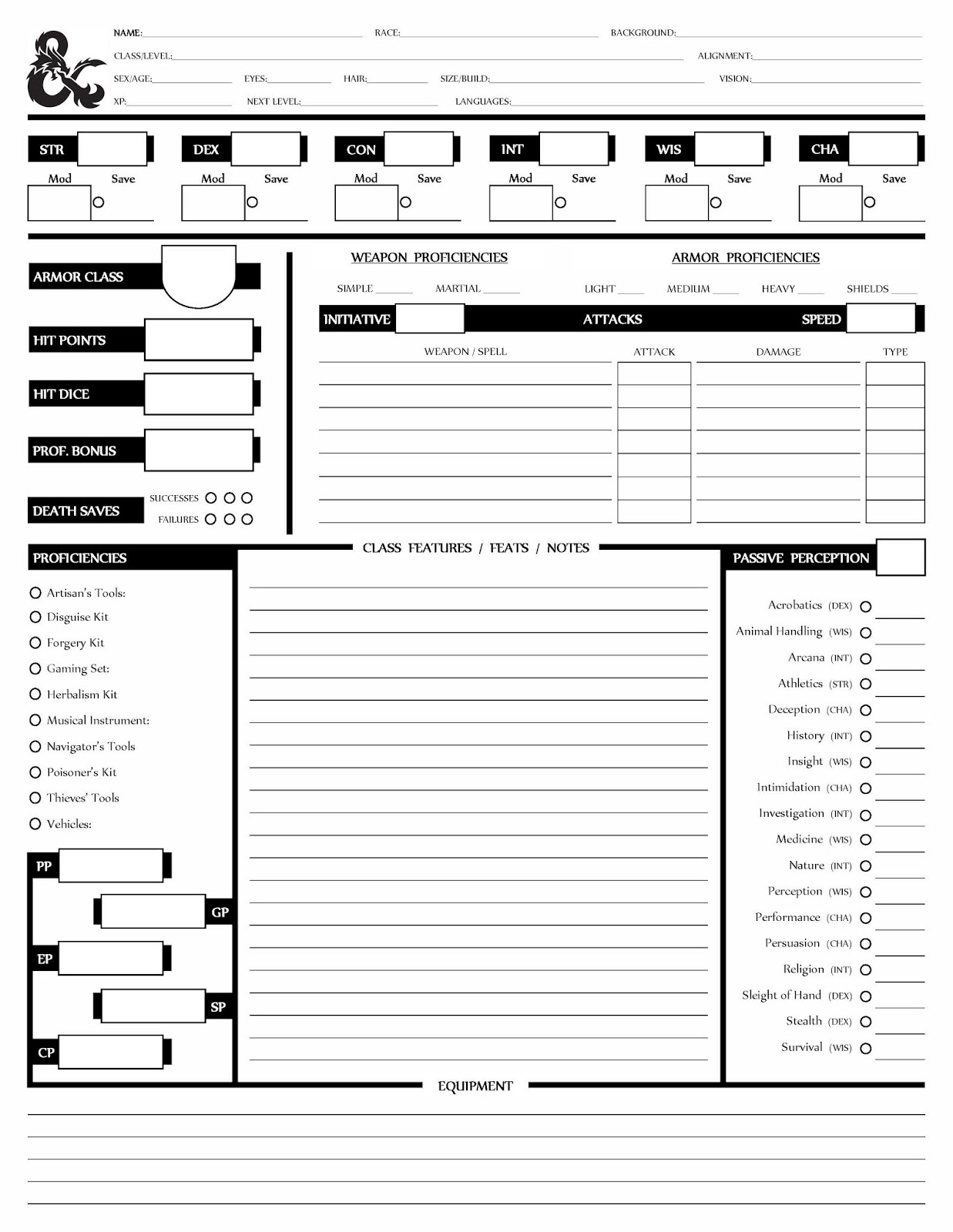 5th Edition Form Fillable Character Sheet