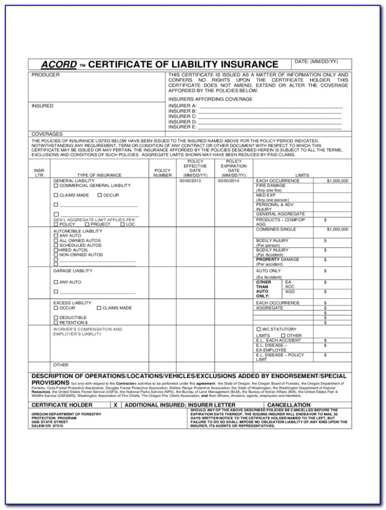 Acord Certificate Of Insurance Fillable Form