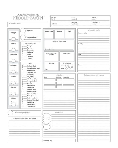 Adventures In Middle Earth Form Fillable Sheet Printable Forms Free 