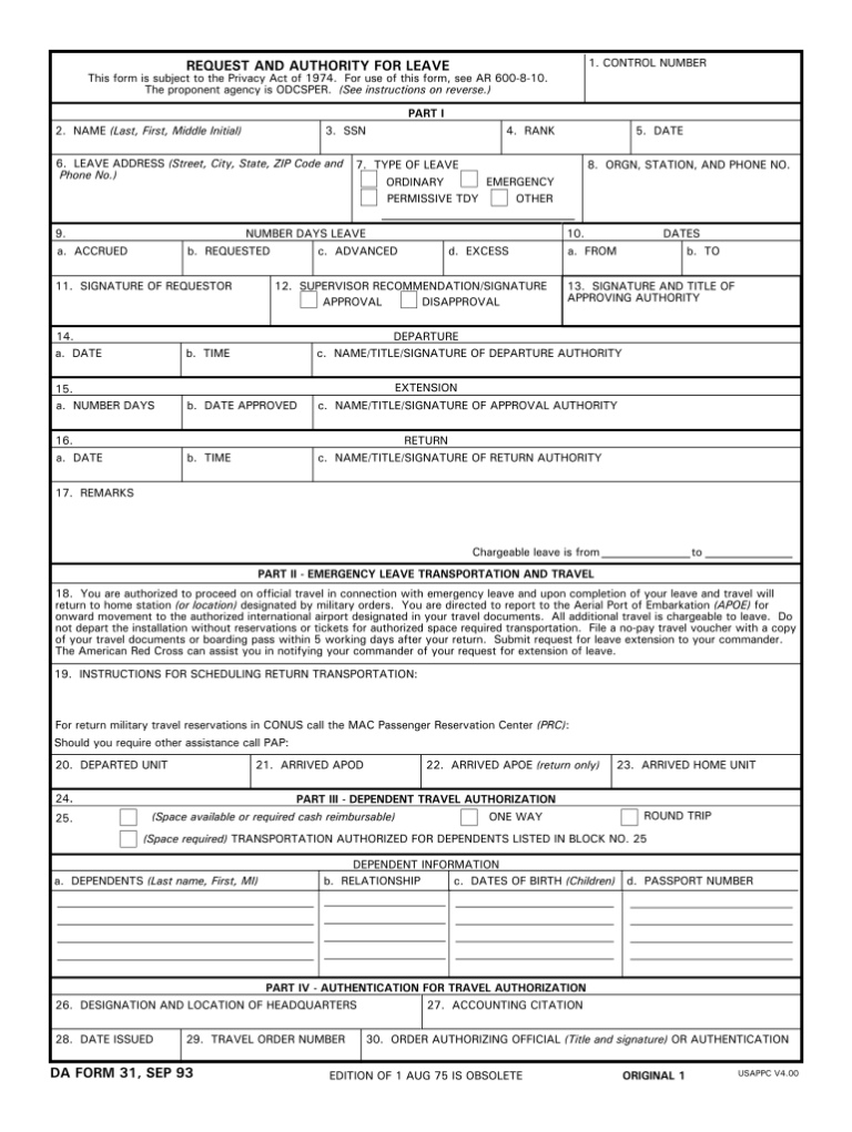 Army Leave Form Da 31 Fillable Army Pubs - Fillable Form 2024