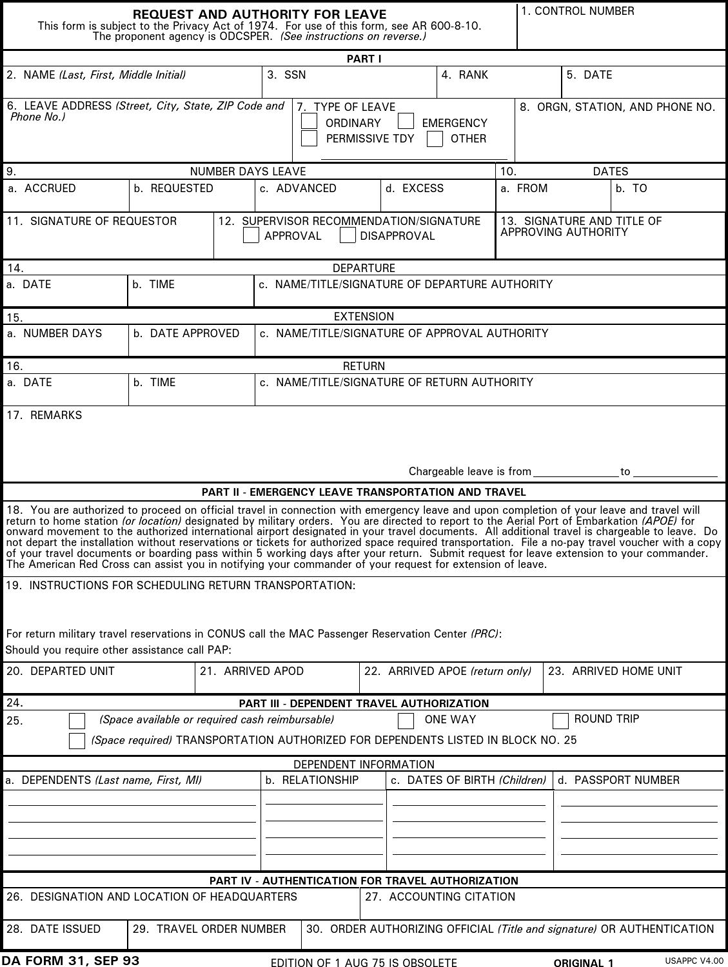 Army Leave Form Da 31 Fillable