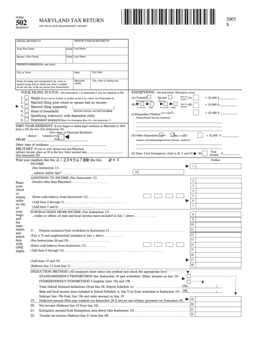 Blank Fillable Maryland Tax Return 502 Fillable Form 2023