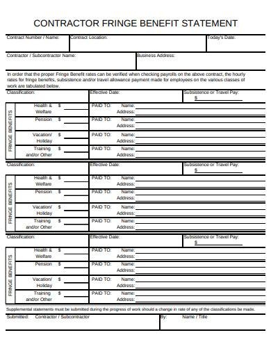 Contractor Fringe Benefit Statement Fillable PDF