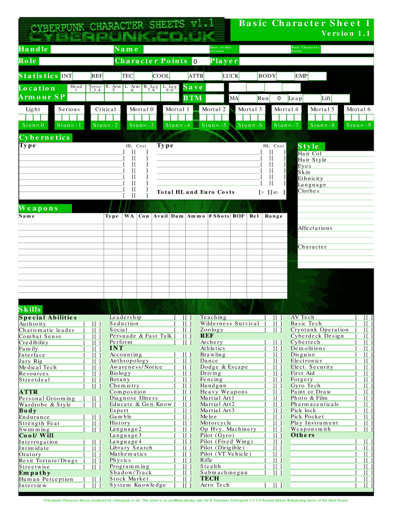 Cyberpunk 2022 Character Sheet Form Fillable