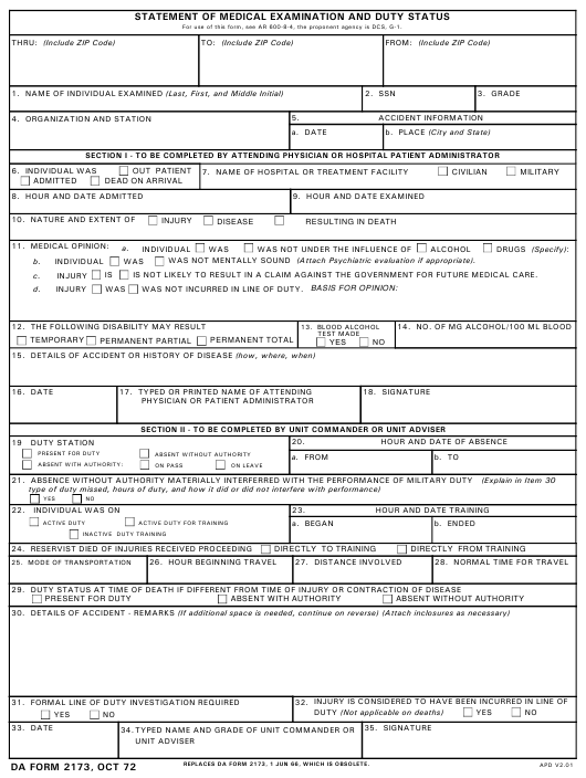 Da 2173 Line Of Duty Fillable