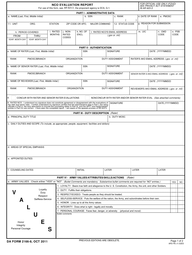 Da Form 2166-8 Fillable