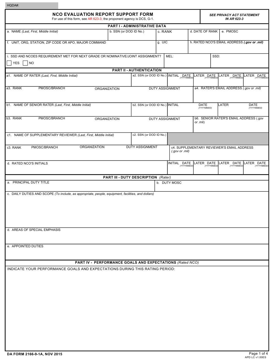 Da Form 2166-9-1a Fillable PDF