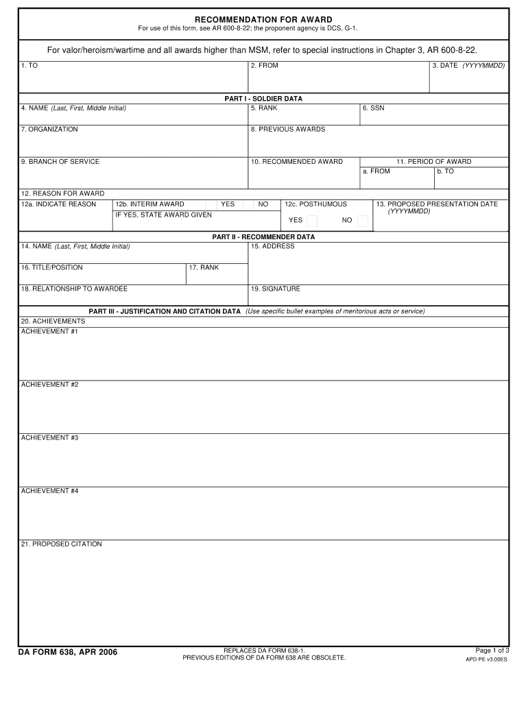 Da Form 638 Apr 2006 Fillable PDF - Fillable Form 2024