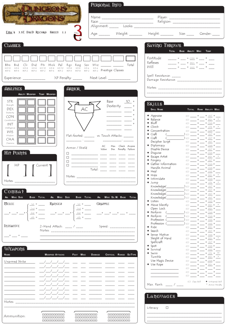 Dungeons And Dragons 3.5 Character Sheet PDF Fillable - Fillable Form 2024