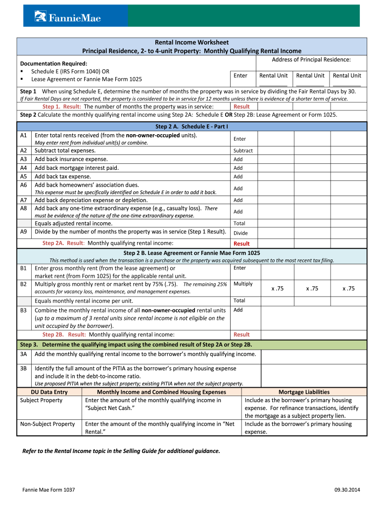 Fannie Mae Rental Income Worksheet Fillable