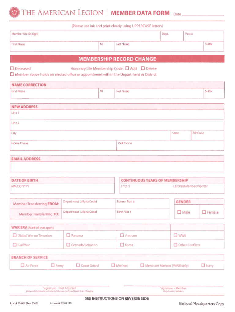 Fillable American Legion Member Data Form Fillable Form 2024