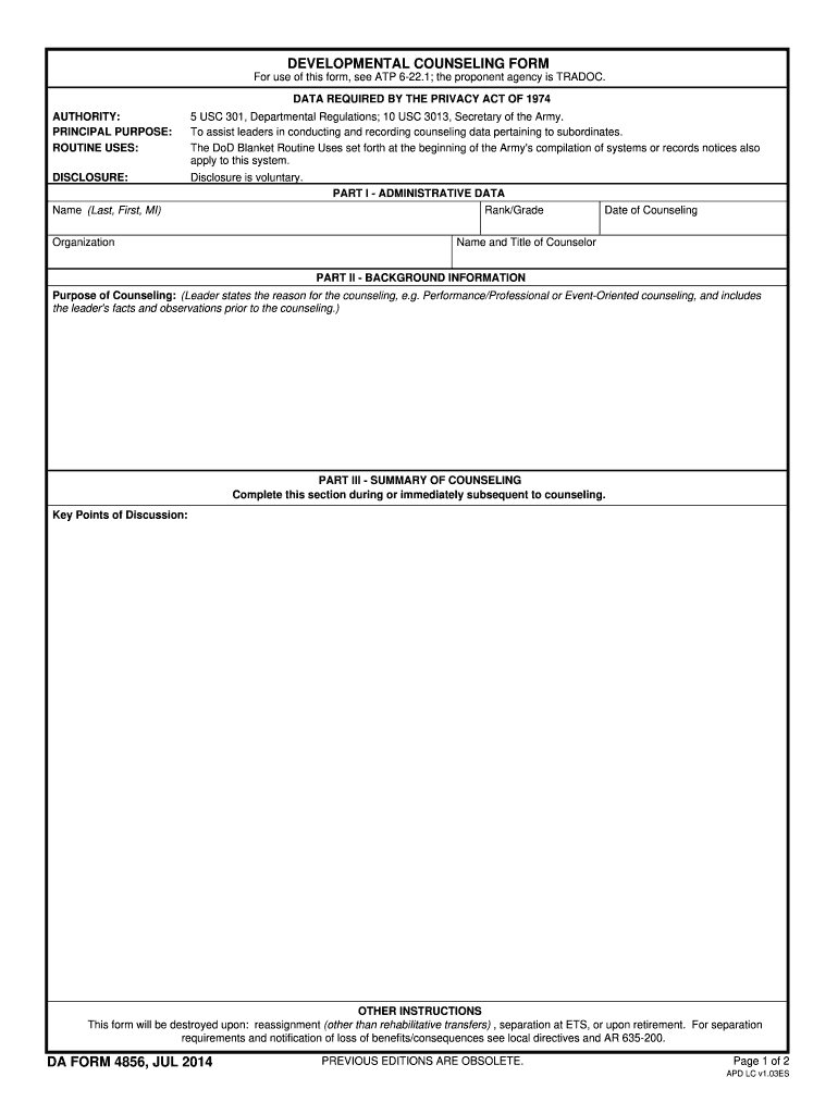 Fillable Army Counseling Form 4856