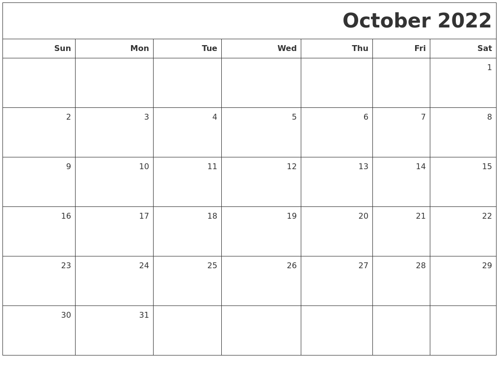 Fillable Blank Calendar Templates October 2022