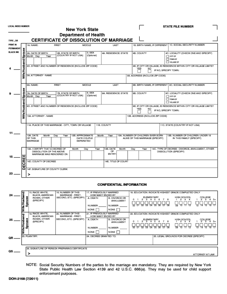 Fillable Certificate Of Dissoluton Of Marriage Ny