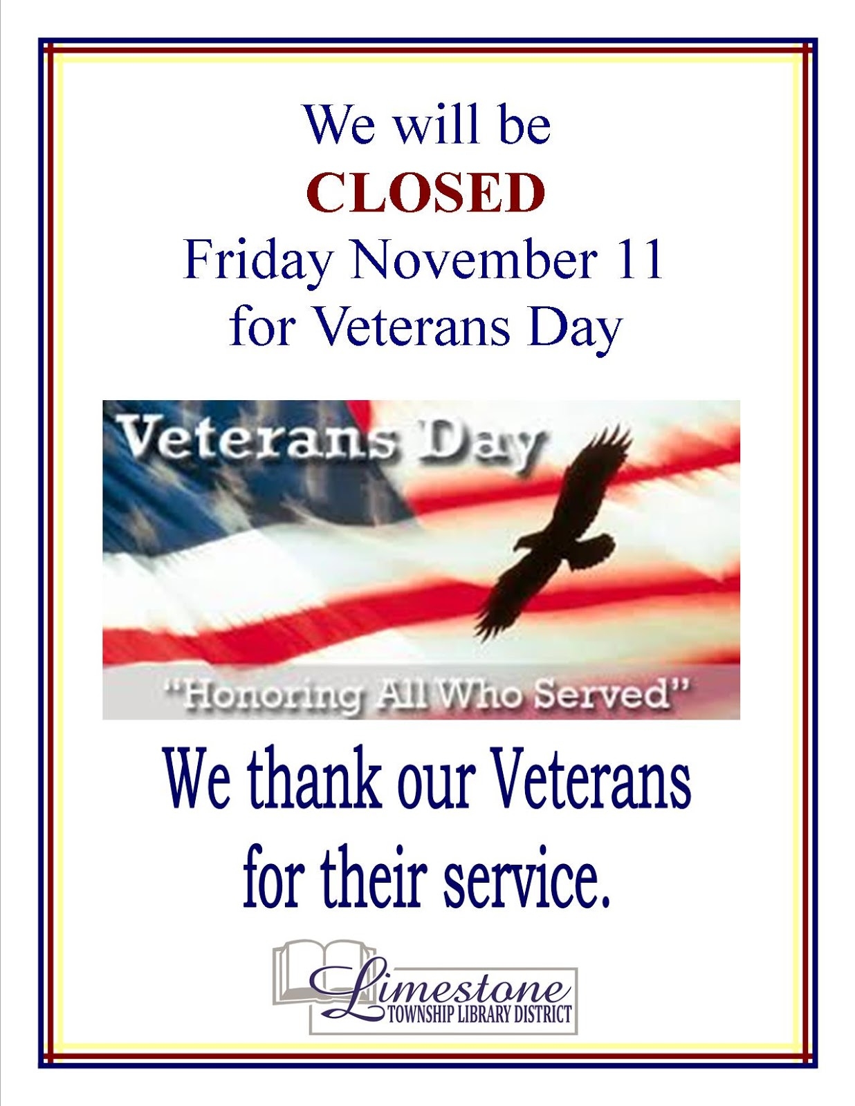 Fillable For Veterans Day Closed Signs Fillable Form 2023