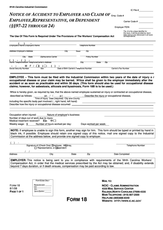 Fillable Nc IndUStrail Commission Form 18