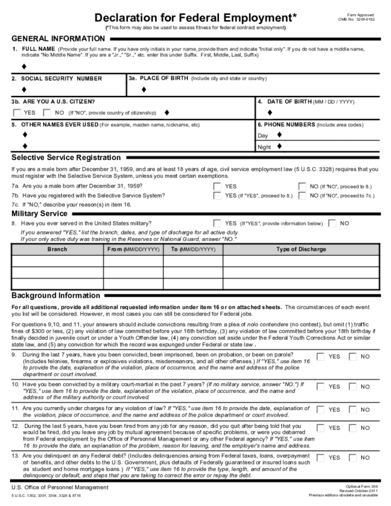 Fillable Of 306 Declaration For Federal Employment