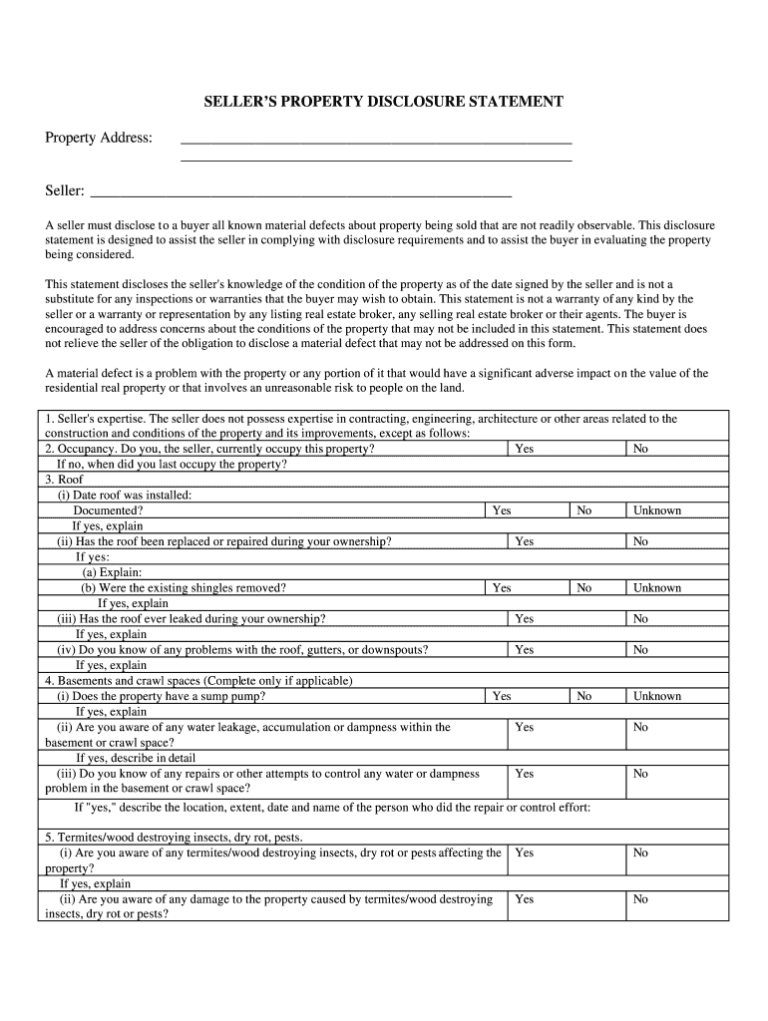 Fillable Seller Disclosure Statement Form For Pennsylvania Fillable