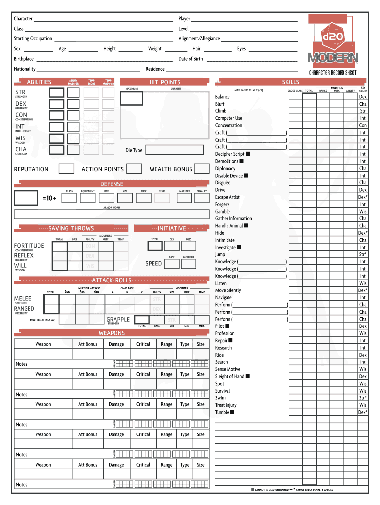 D20 Modern Character Sheet Fillable