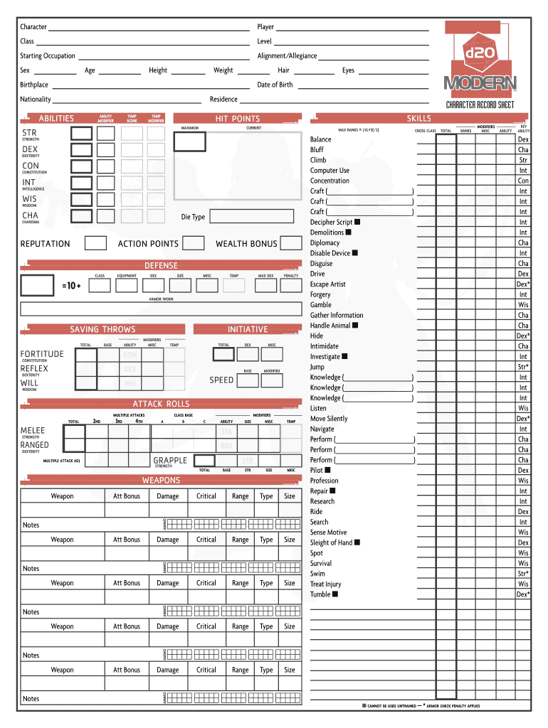 D20 Modern Character Sheet PDF Fillable